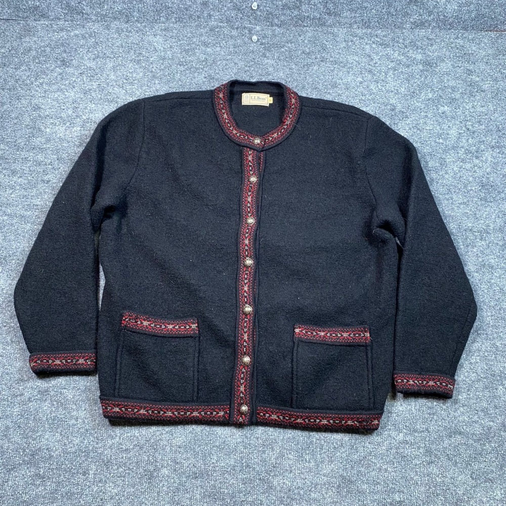 LL Bean Vintage Mens Wool Cardigan Sweater Black Nordic Fair Isle Trim Large